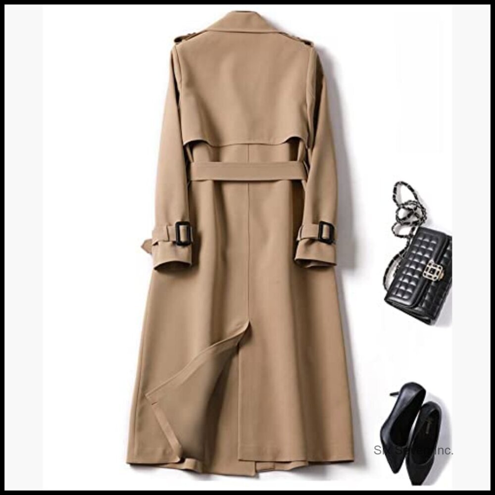 Double Breasted Long Trench Coat Belted Notch Lapel Overcoat Windproof - Picture 4 of 5